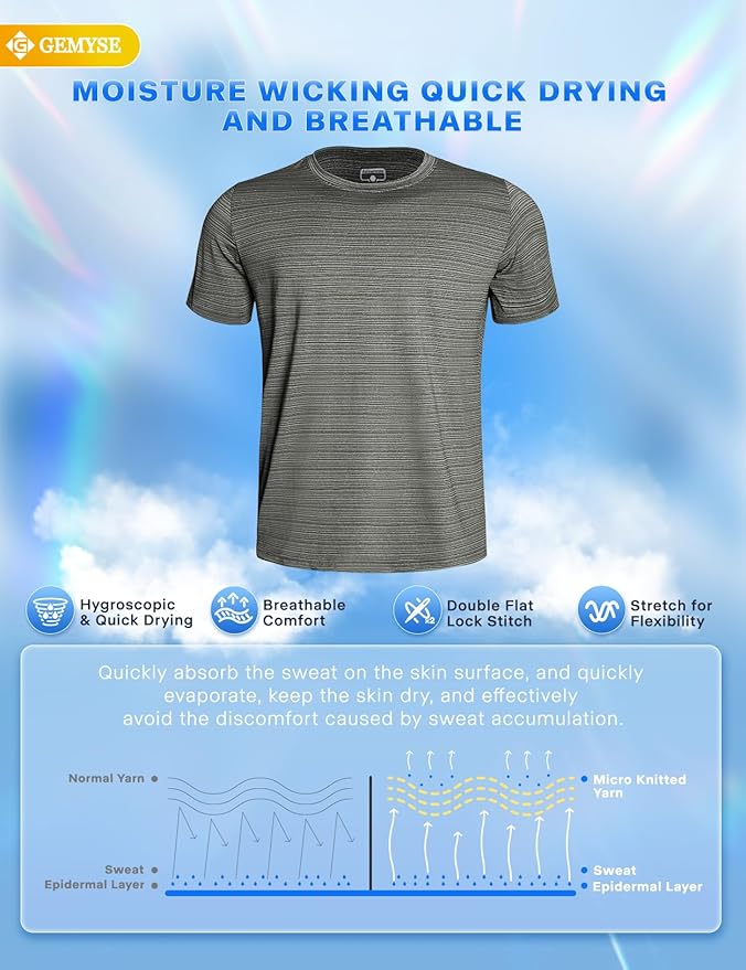 GEMYSE Men's Running Short Sleeve Shirt Sun Protection Quick Dry Moisture Wicking T-Shirts UPF 50+ for Workout