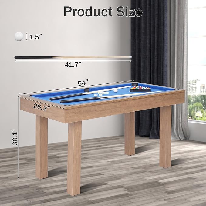 54" Portable Pool Table - Billiard Table for Kids & Adults with 2 Cues, Triangle Rack, Chalk & Brush - Compact Wooden Game Table for Home, Game Room, Indoor & Outdoor