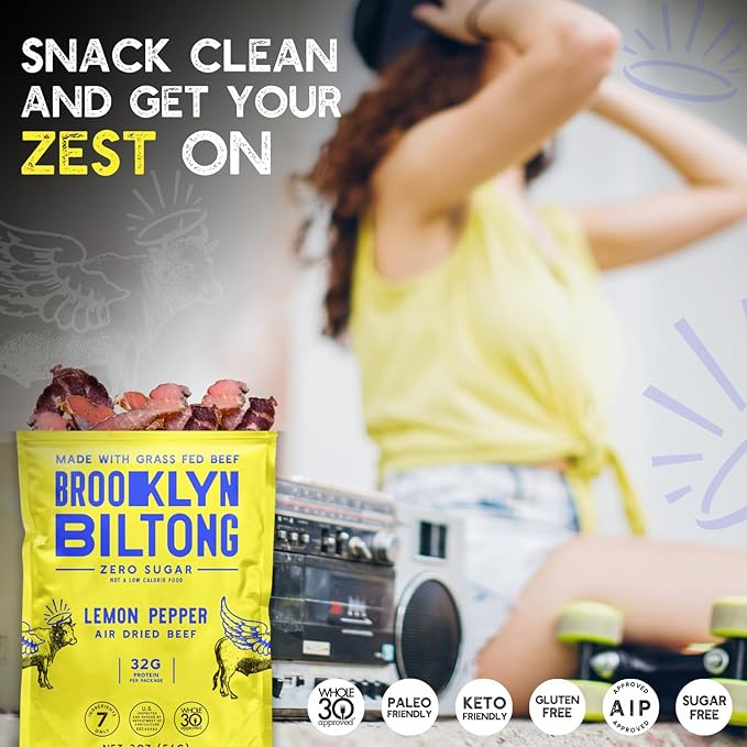 Brooklyn Biltong Air Dried Grass Fed Beef Snack, South African Beef Jerky (8oz, Pack of 2) - Whole30 Approved, Paleo, Keto, Gluten Free, Sugar Free, Made in USA - (Lemon Pepper)