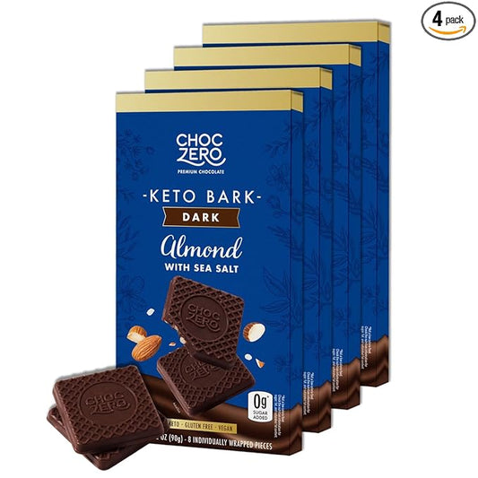 ChocZero Keto Bark, Dark Chocolate Almonds with Sea Salt, Sugar Free, Low Carb, No Sugar Alcohols, No Artificial Sweeteners, All Natural, Non-GMO, 3.2 Ounce (Pack of 4)