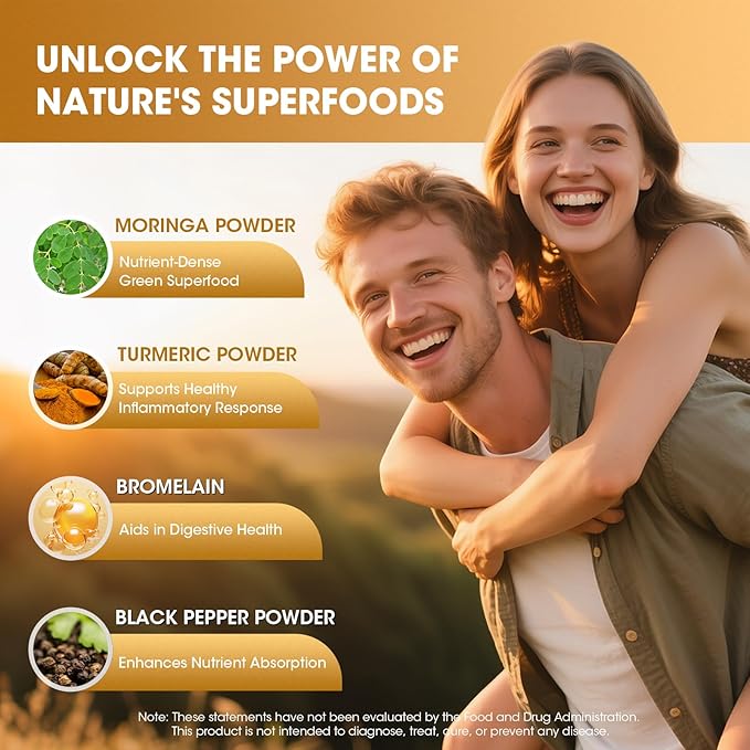 2 Pack Moringa Capsules 10-in-1 Superfood Supplement – Turmeric Curcumin, Bromelain & Black Pepper – Antioxidant, Energy & Skin Support – Vegan, Non-GMO