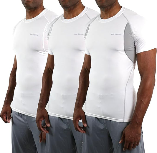 DEVOPS 3 Pack Men's Cool Dry Short Sleeve Compression Shirts, Sports Baselayer T-Shirts Tops, Athletic Workout Shirt