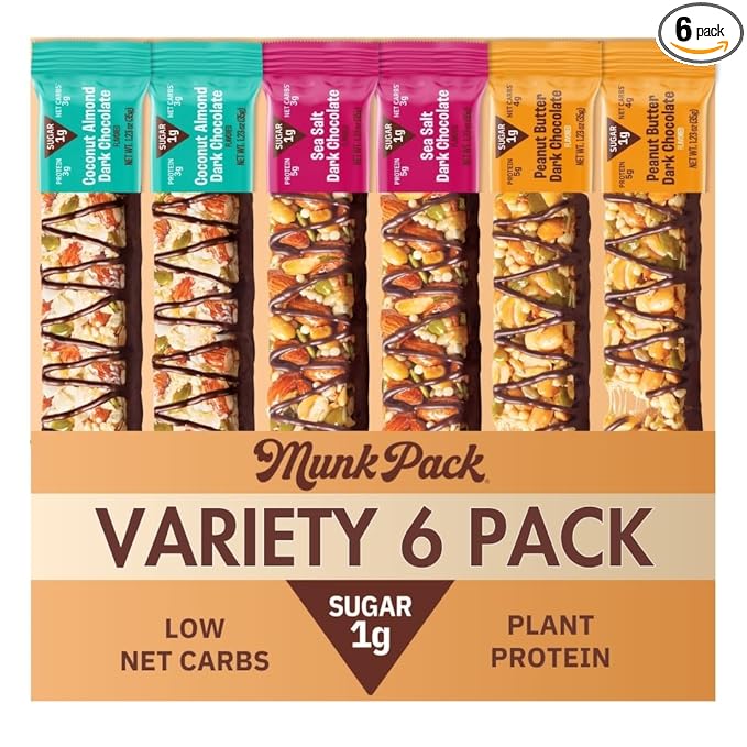Munk Pack Variety Pack Snack Bars - 5g Protein, 1g Sugar, 5g Protein, Keto and Gluten Free Snack for Adults and Kids, Coconut Almond, Dark Chocolate Sea Salt, Peanut Butter Dark Chocolate, 6 Pack