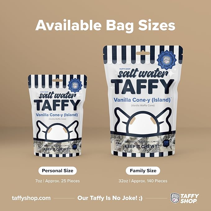 Taffy Shop Vanilla Cone-y (Island), Vanilla Salt Water Taffy – Gourmet Soft Chewy Candy, Bulk Sweet Snack, Fresh Gift & Gluten-Free, 35 Individually Wrapped Pieces (7oz)