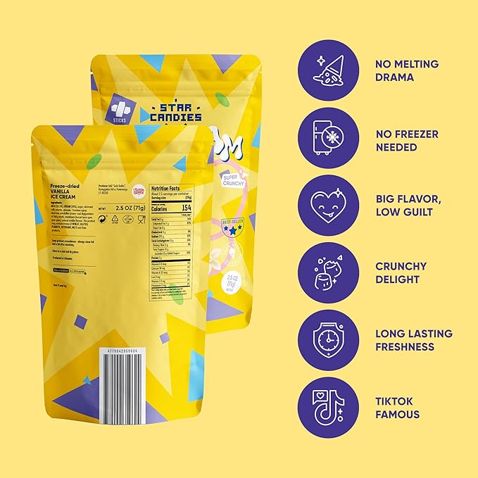 Star Candies Freeze Dried Ice Cream Vanilla (2.5 oz) | No Melting Freeze Dried Vanilla Ice Cream Candy | Crunchy & Delicious Camping Food | Premium Astronaut IceCream loved by Kids and Adults | Space and Astronaut Snack | Gift for Birthday or Party