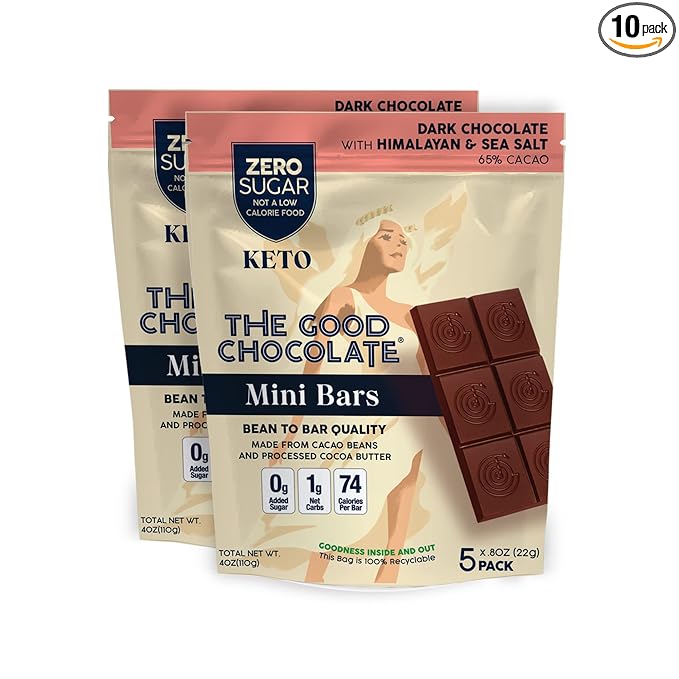 THE GOOD CHOCOLATE - Mini Himalayan Salt Chocolate Bars with Zero Sugar & Lower Net Carb - Keto Chocolate Bar Offers Lower Calorie Chocolate Candy - All Natural Non-GMO (Pack of 10)