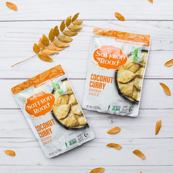 Saffron Road Coconut Curry Simmer Sauce | Globally Inspired Simmer Sauce | Gluten-free, Vegetarian, Non-GMO, and Certified Halal and Kosher | 7.0oz Pouch | Pack of 4