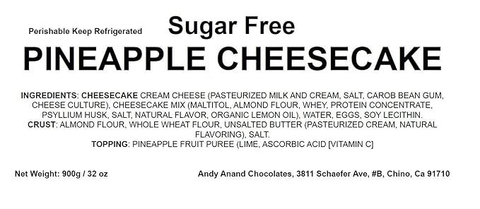 Andy Anand Sugar Free Pineapple Cheesecake 9" (2 lbs) | No Preservatives Cheesecake & Diabetic-Friendly, You Won't Believe It's Sugar Free! | Freshly Made with California Cream Cheese, All-Natural