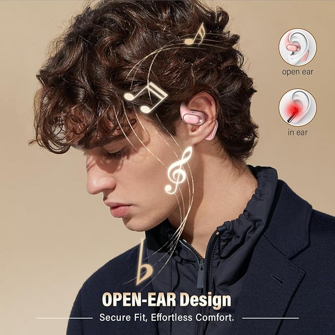 Open Ear Headphones, Bluetooth 5.4 Headphones Sports, Premium Sound with HD Mic Wireless Earbuds, 48H Playtime LED Power Display Ear Buds, IPX7 Lightweight Comfort Earphones for Running, Pink