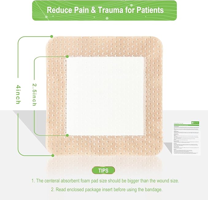 NeuHeils Silicone Adhesive Foam Dressing with Gentle Border 4''x4'' for Bed Sore Leg Ulcer 10 Pack, High Absorbency Waterproof Silicone Wound Bandage