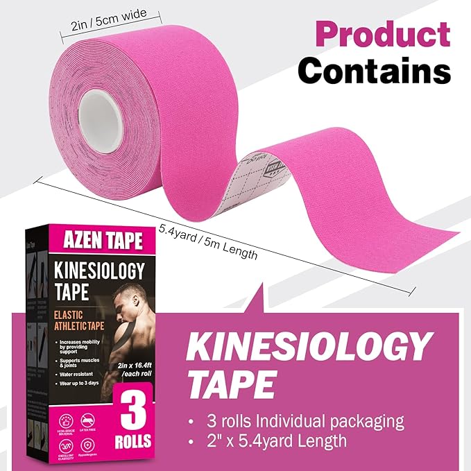 AZEN 3 Rolls Kinesiology Tape, 16.4 ft Waterproof Kinetic Tape for Joints Support and Muscle Pain Relief, Uncut Muscle Tape, Knee Tape, Athletic Tape, Pink