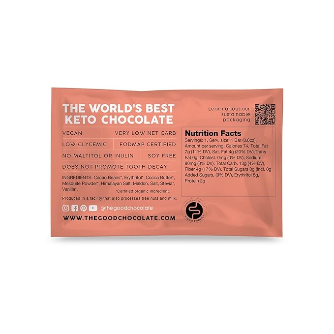 The Good Chocolate - Himalayan Salt Keto Chocolate Mini Bars, Zero Sugar, Lower Net Carb Snack, Lower Calorie, Vegan Chocolate Candy, 1 Snack Pack