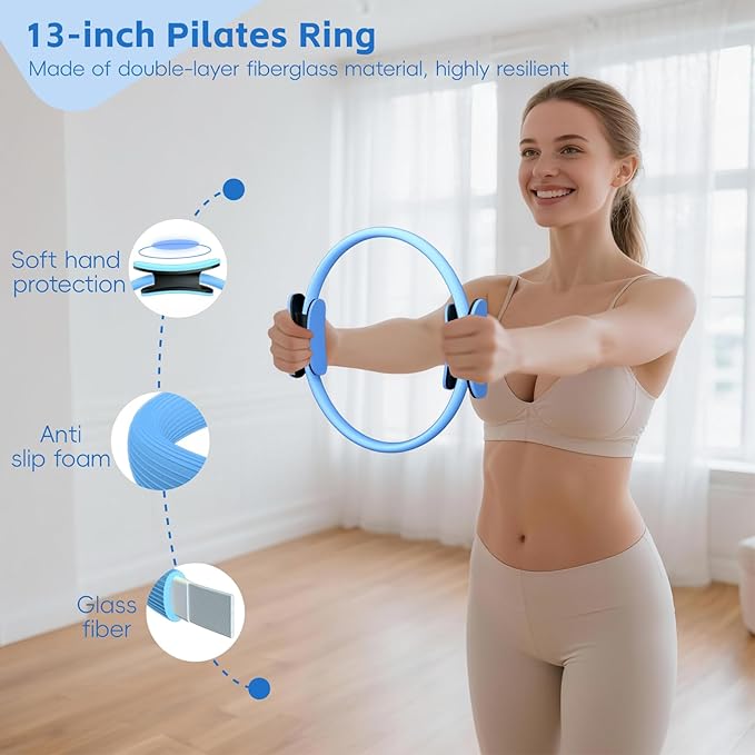 KABCON Pilates Equipment Essentials Set for Women at Home with Complete User Guide,13” Pilates Ring,9.8” Exercise Ball,Elastic Bands,Yoga Socks,Yoga Strap,13-Pcs Starter Workout Set