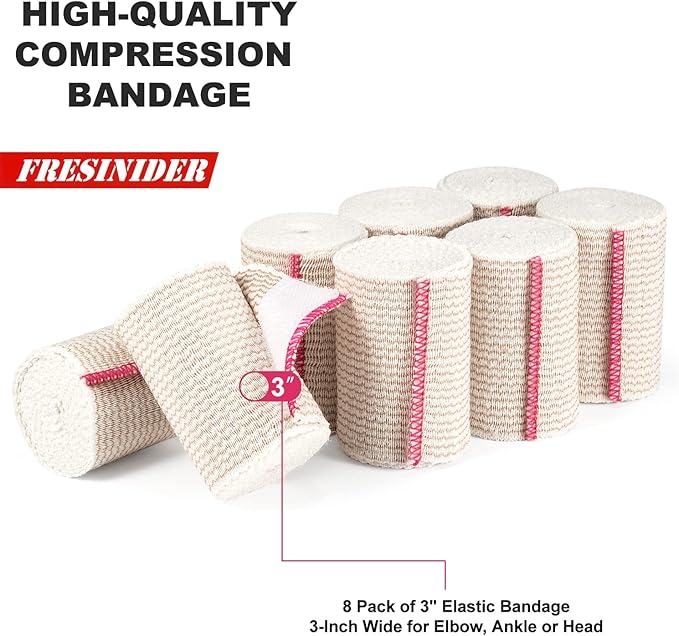 Premium Elastic Bandage Wrap, 8 Pack 3" Cotton Latex Free Compression Bandage Wrap with Touch Closure at Both Ends, Support & First Aid for Sports, Medical, and Injury Recovery