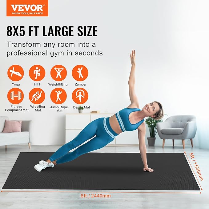 VEVOR Large Exercise Mat, Non Slip High Density Premium Yoga Mat, Exercise Yoga Mat for Men Women, Fitness & Exercise Mat with Bag & Carry Strap, for All Types of Home Yoga, Pilate & Floor Workout