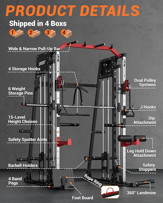 Smith Machine Home Gym, 2200 LBS All in One Squat Rack Power Cage with Smith Bar, Cable Crossover System & LAT-Pull Down System, Training Equipment