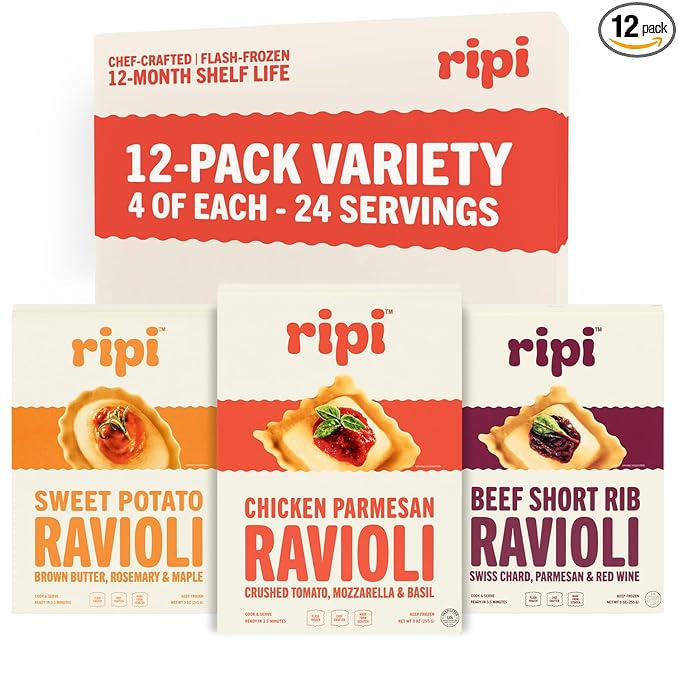 Ripi Frozen Ravioli – Frozen Pasta Meals – Chicken Parmesan, Braised Short Rib, Sweet Potato – Ready in Under 5 Minutes, 9oz Packs (12 Pack, Variety)