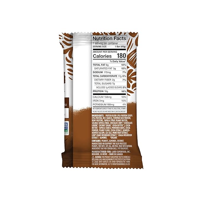 Laird Superfood Functional Protein Bars, Protein Bar but Better with Real Ingredients, Functional Mushrooms 10g Plant-Based Protein, 6g Fiber, Double Chocolate Peanut Butter, 10 Count (Pack of 1)