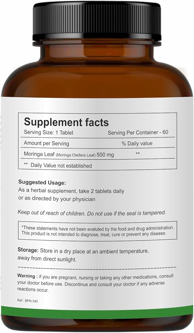 Organic Moringa Leaf Tablets 60 Tablets (500mg), Non-GMO and Gluten Free Supplemen, Uncoated Malunggay Herbal Supplement, Complete Green Superfood