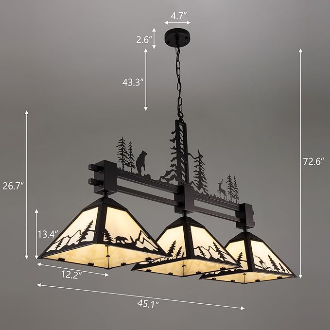 TOCHIC 45" Pool Table Light for 7' 8' Pool Table, 3 Lights Rustic Billiards Light Fixtures, Billiard Table Light Hanging Lighting Fixture for Snooker Game Room Cave Club Bar Dining Room Kitchen Island
