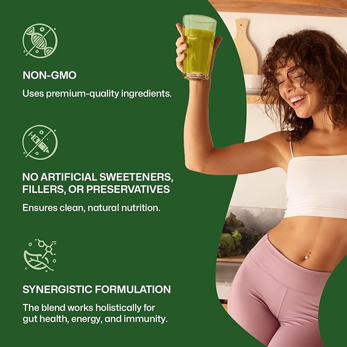 ColonBroom Superfood Greens Powder Supplement | Super Greens Juice Powder with Probiotics, Prebiotics, Spirulina & Chlorella | Natural for Energy, Immunity, Digestion & Detox Support | 56 Servings