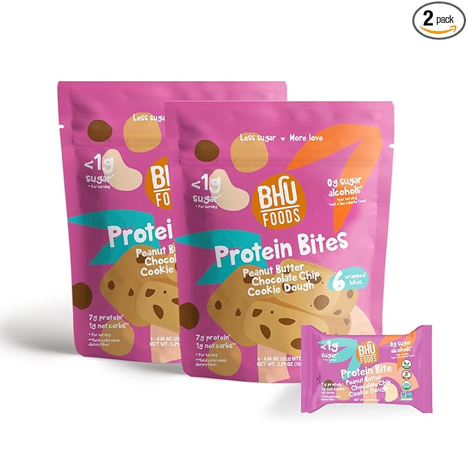 Bhu Foods Keto Bites, Peanut Butter Chocolate Chip Cookie Dough, Organic Keto Snacks for Adults & Kids, Gluten Free, Vegan, Low Carb & Sugar, Individually Wrapped (2 Pack)