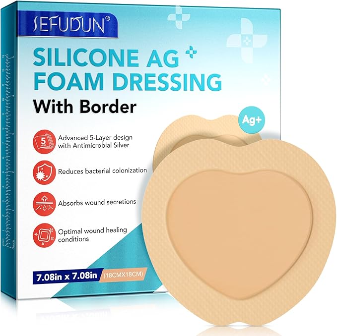 Silicone Foam Dressing Ag Sterile Wound Bandage with Waterproof Gentle Silicone Adhesive Border (5 Packs), 7"x 7" Breathable Ultra Absorbent Pads (7.08x7.08 Inch (Pack of 5))