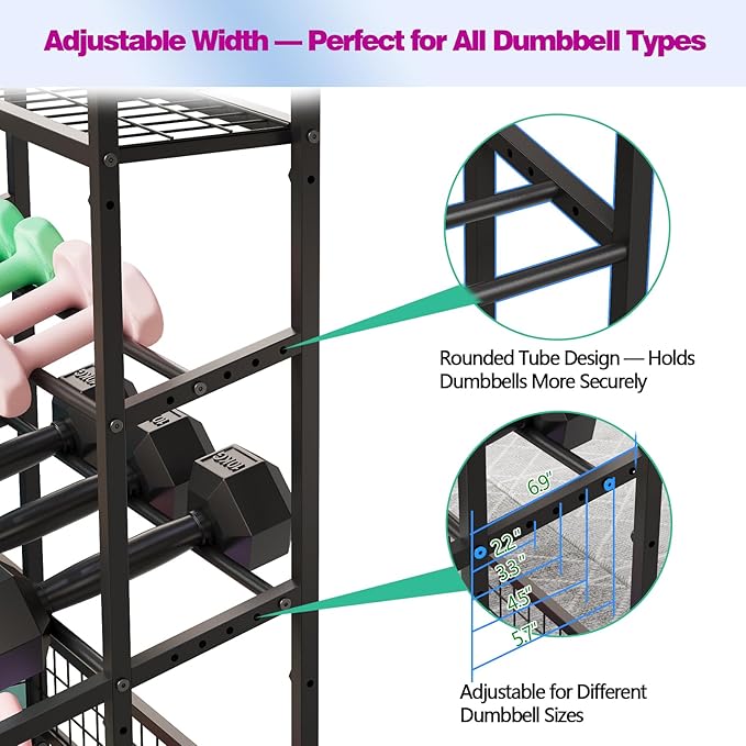 Dumbbell Rack – Adjustable Weight Storage Stand with Hooks for Home Gym, Kettlebells, Yoga Mat and Workout Equipment Heavy Duty Weight Rack with Wheels