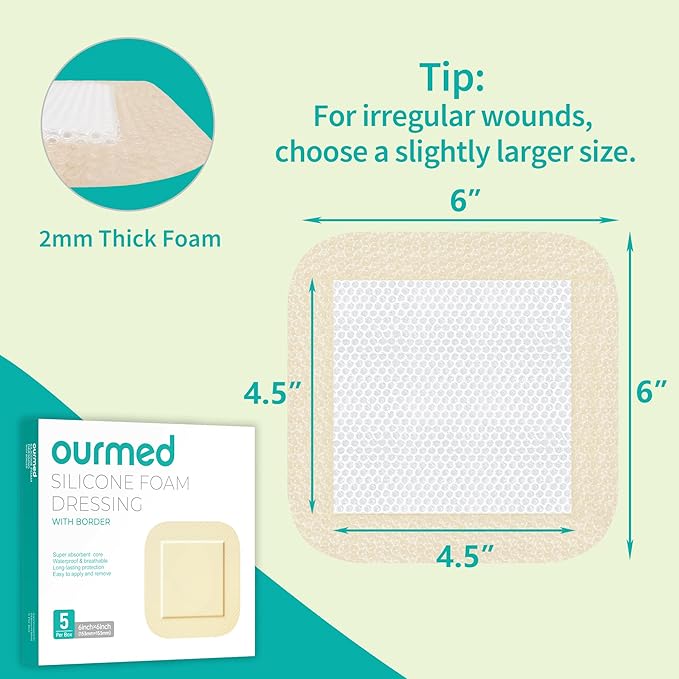 Silicone Foam Dressing with Border Adhesive - Large Absorbent Waterproof Bandage for Wound Care, Foot Diabetic Ulcer, Leg Ulcer, 6" x 6", 5 Pack