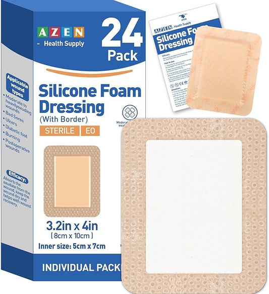 AZEN 24 Pack Silicone Foam Dressing, 3.2" X 4" Waterproof Silicone Bandages with Border Adhesive, Large Bandages for Wounds, Self Adhesive Wound Care and Dressings
