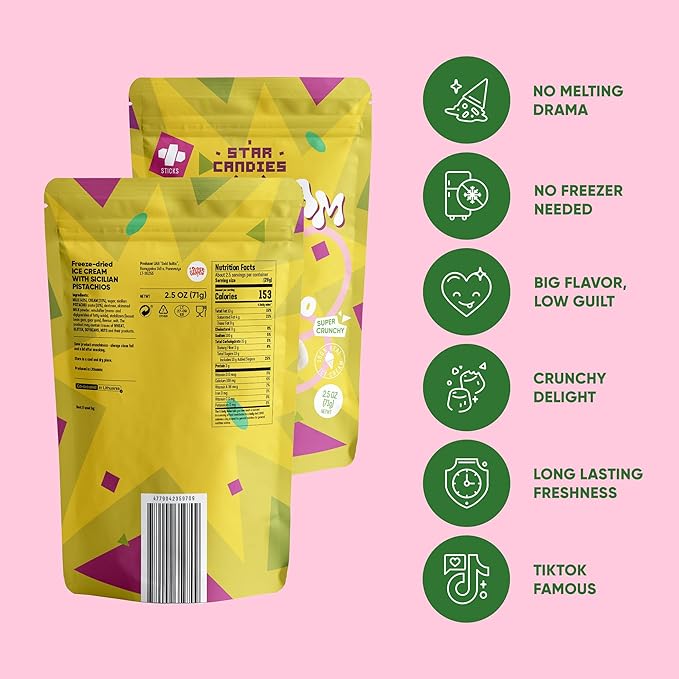 Star Candies Freeze Dried Sicilian Pistachio Ice Cream | No Melting Freeze Dried Candy | Crunchy & Delicious Camping Food | Premium Astronaut Ice Cream loved by Kids and Adults | Space and Astronaut Snack | Gift for Birthday or Party (2.5 oz.)