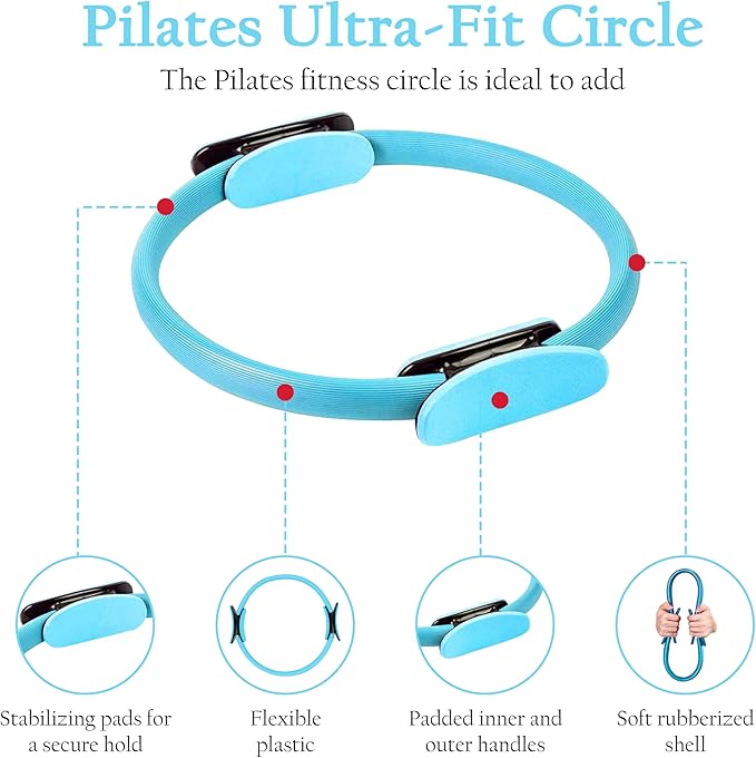 Pilates Ring Set – Magic Circle with Dual Padded Handles, Mini Exercise Ball & 5 Resistance Bands | Pilates Kit for Women | Home Workout Equipment for Full-Body Training & Fitness Set