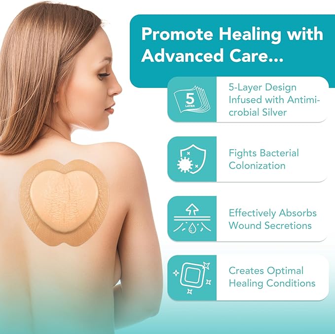 Silicone Foam Dressing Ag Sterile Wound Bandage with Waterproof Gentle Silicone Adhesive Border (5 Packs), 7"x 7" Breathable Ultra Absorbent Pads (7.08x7.08 Inch (Pack of 5))