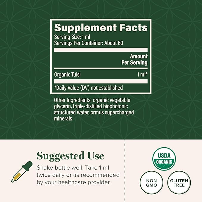 Global Healing Center - Organic Tulsi (Holy Basil Leaf Extract) Vegan Liquid Supplement Drops (Organic Basil) - Bioavailable Herb for Normal Stress Response, Natural Energy & Immune Support