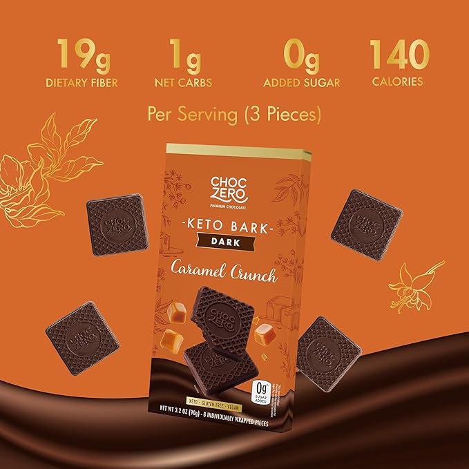 ChocZero Vegan Caramel Crunch Keto Bark, Dark Chocolate Candy Bar with Caramel, Dairy Free, Sugar Free, Gluten Free, 3.2 Ounce (Pack of 4)