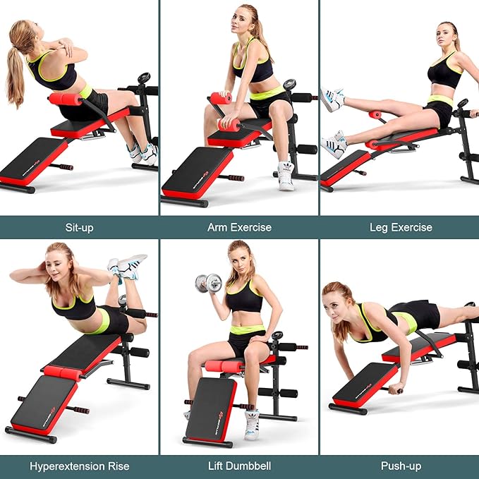 Goplus 6 in 1 Adjustable Sit Up Bench, Foldable Utility Weight Bench w/LCD Monitor, Flat/Incline/Decline Exercise Multi-Purpose Bench for Home, Gym and Office