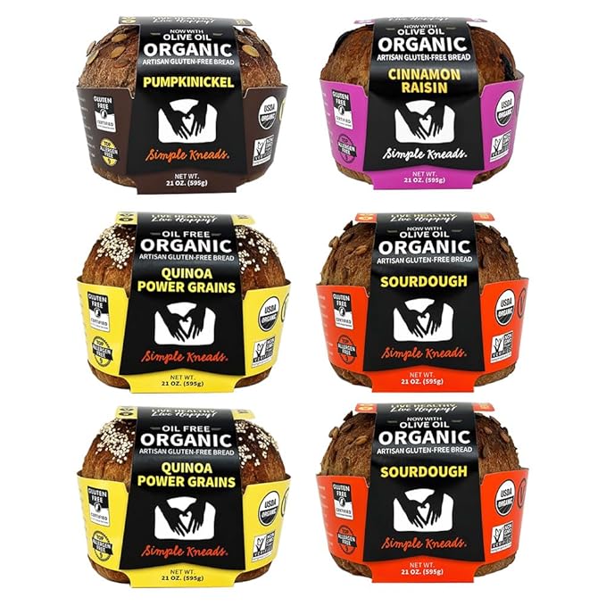 Simple Kneads Gluten-Free Variety Pack 6 Pack – Includes Sourdough, Quinoa Power Grains, Cinnamon Raisin, and Pumpkinickel – Organic, Top 9 Allergen-Free, Artisan-Style Loaves-Extra Virgin Olive Oil