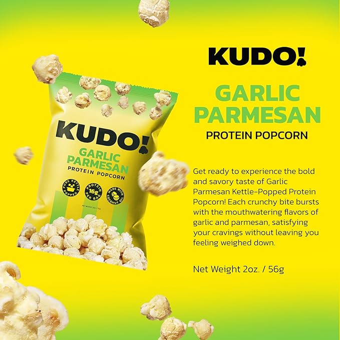 Kudo - Garlic Parmesan Kettle-Popped Protein Popcorn - Whole Grain, No Preservatives, No Artificial Flavors, Zero Trans Fat, Tasty Snack - 2oz
