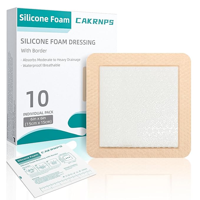 Silicone Foam Dressing 6“ x 6”, Waterproof Silicone Bandages for Wounds, 5-Layer Wound Pads with Adhesive Border for Pressure Ulcers, Painless Removal, Wound Care Pads for Bed Sore,10 Packed