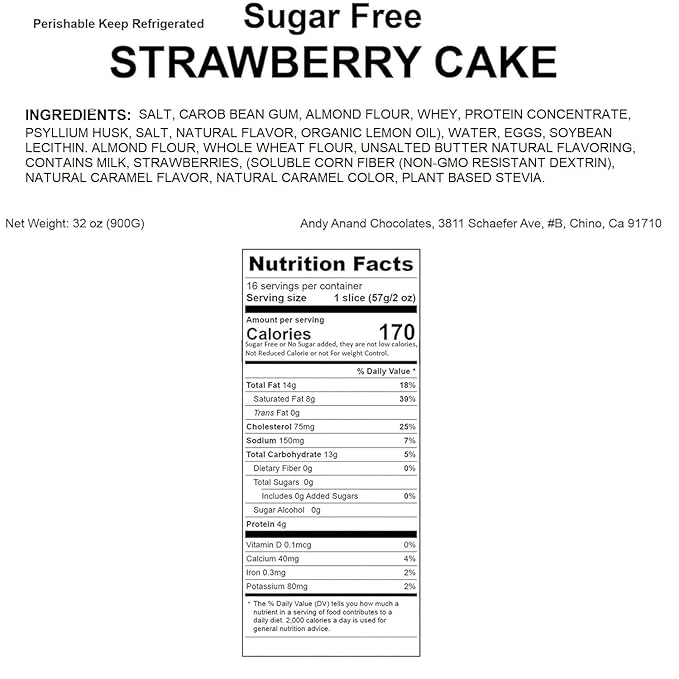 Andy Anand Sugar-Free Strawberry Cake 2 lbs - Gourmet, Freshly Made, All-Natural Ingredients, No Preservatives, Diabetic-Friendly Gift Boxed Dessert