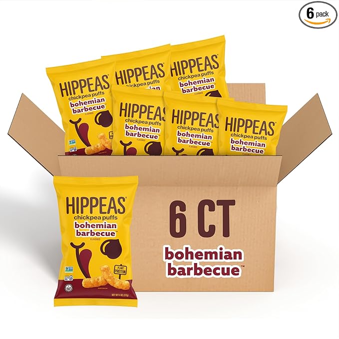 Hippeas Chickpea Puffs, Bohemian BBQ, 4 Ounce (Pack of 6), 4g Protein, 3g Fiber, Vegan, Gluten-Free, Crunchy, Plant Protein Snacks