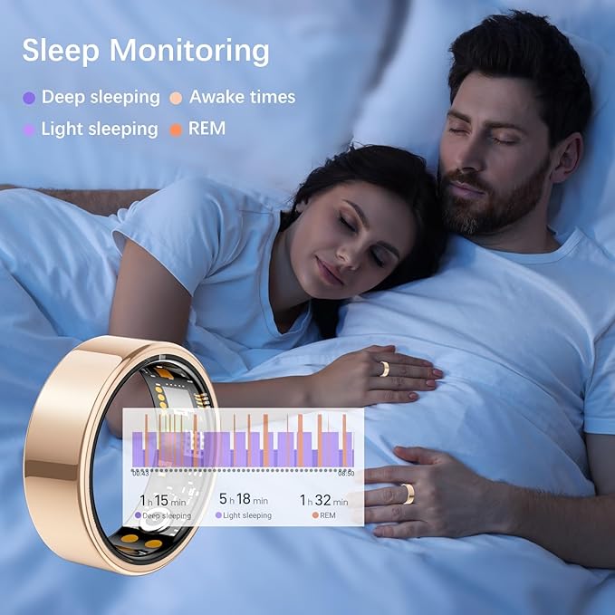 Ring Health Tracker for Women Men, Fit Ring with Heart Rate, Blood Oxygen, Sleep Monitor, Calories, Step Counter, IP68 Waterproof Smart Ring for iPhone & Android, No Subscription Fee (Rose Gold, 9#)