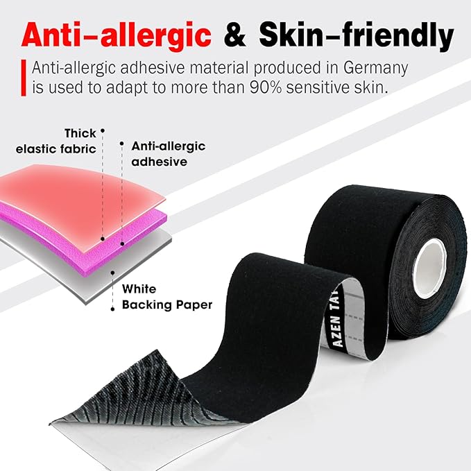 AZEN 3 Rolls Kinesiology Tape, 16.4 ft Waterproof Kinetic Tape for Joints Support and Muscle Pain Relief, Uncut Muscle Tape, Knee Tape, Athletic Tape - Black