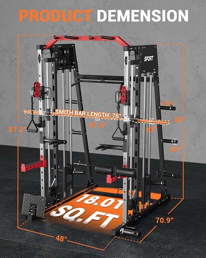 Smith Machine Home Gym, 2200 LBS All in One Squat Rack Power Cage with Smith Bar, Cable Crossover System & LAT-Pull Down System, Training Equipment