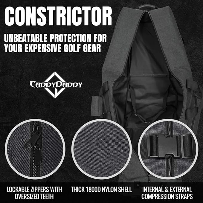 CaddyDaddy Constrictor Soft-Sided Golf Travel Bag Cover with Thick Dense Foam Padded Top 1 Year Full Travel Bag Replacement Coverage | Wheels & Lockable Zippers Case for Transporting Clubs on Airlines
