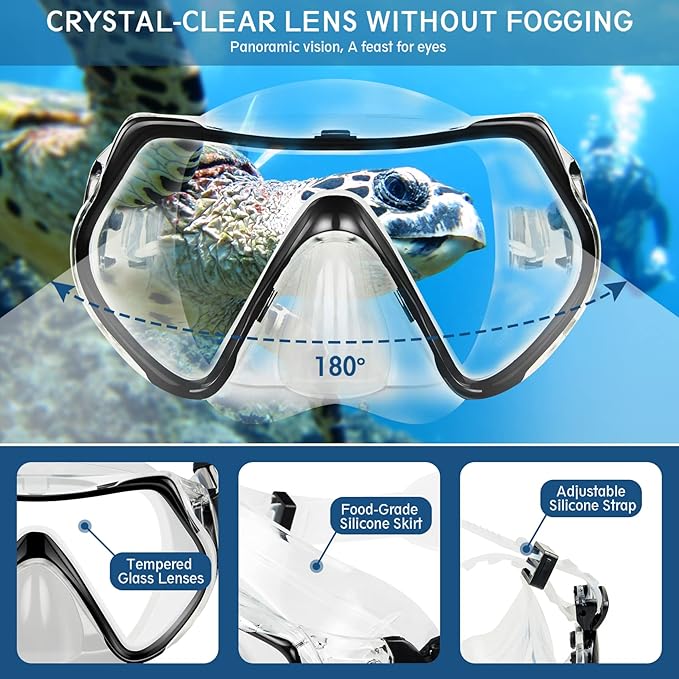 ZEEPORTE Mask Fin Snorkel Set, Travel Size Snorkeling Gear for Adults with Panoramic View Anti-Fog Mask, Trek Fins, Dry Top Snorkel and Gear Bag for Swimming Training, Snorkeling Kit Diving Packages
