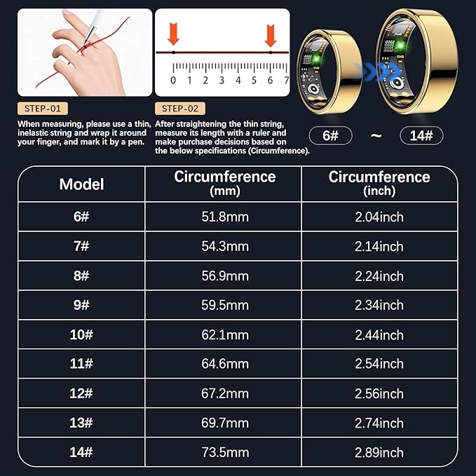 Ring Health Tracker for Women Men, Fit Ring with Heart Rate, Blood Oxygen, Sleep Monitor, Calories, Step Counter, IP68 Waterproof Smart Ring for iPhone & Android, No Subscription Fee (Gold, 12#)