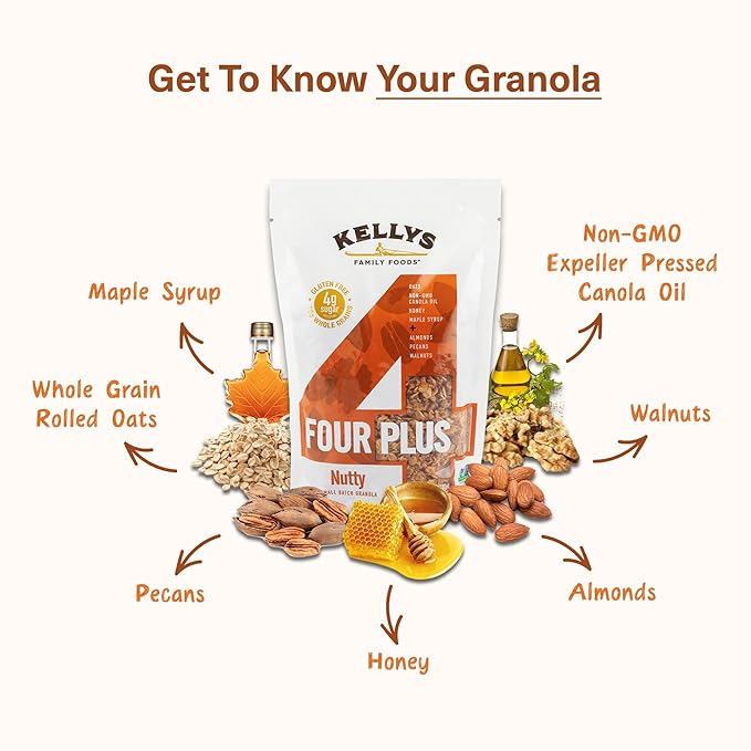 Kelly's Four Plus Granola (Nutty) Healthy Granola Cereal with Whole Grain Oats, Honey, Maple Syrup - Non-GMO, Low Sugar, Sodium Free and Gluten Free for Yogurt - 12oz - Pack of 6