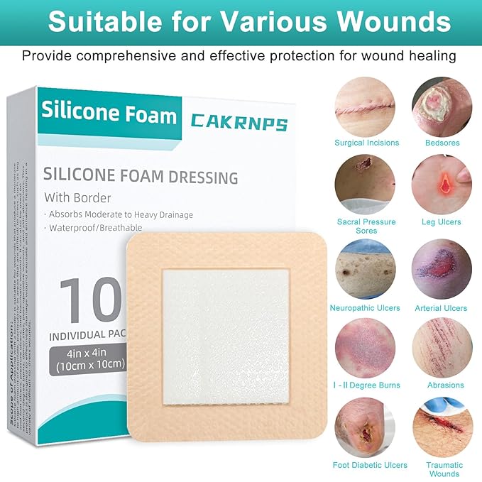 Silicone Foam Dressing 4“ x 4” with Adhesive Border,10 Packs Waterproof Silicone Bandages for Wounds Care, Large Self Adhesive Wound Dressing Bandage for Bed Sore