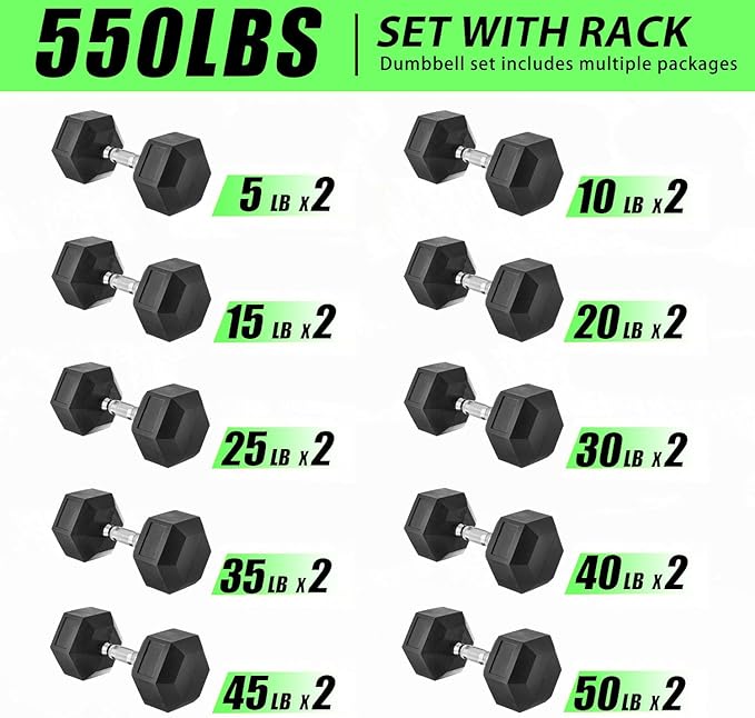 350/450/550 lbs Hex Weight Dumbbells Sets with Rack Rubber Encased Dumbbell Free Weights Set for Home Gym Weight Rack with Dumbbells Set